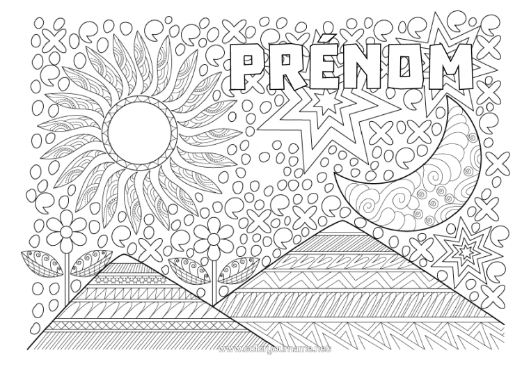 Coloriage à imprimer Mandala Soleil Lune Zentangle Montagne