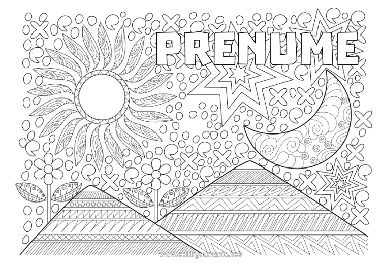 Pagină de colorat de imprimat Mandala Soare Lună Zentangle Munte