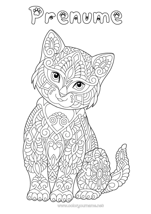 Pagină de colorat de imprimat Pisică Mandala Zentangle Câini Și Pisici