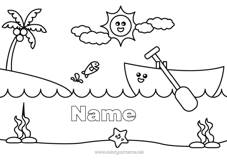 Coloring page to print Boat Island Maritime Vehicles Small Boat Canoe Coconut Tree