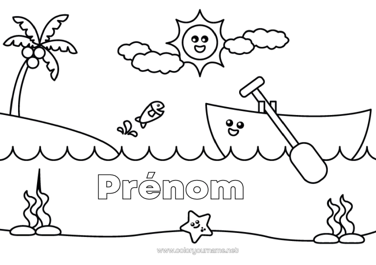 Coloriage à imprimer Bateau Île Véhicules Maritimes Barque Pirogue Cocotier