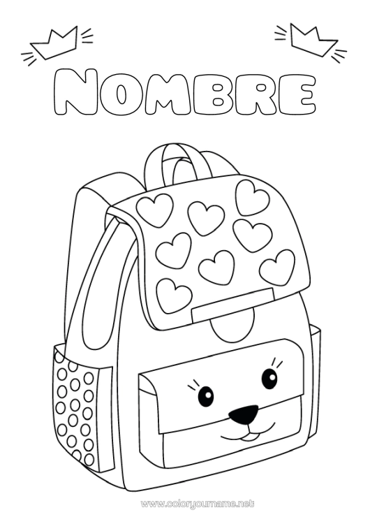 Dibujo para colorear para imprimir Corazón Kawaii Mochila Escolar