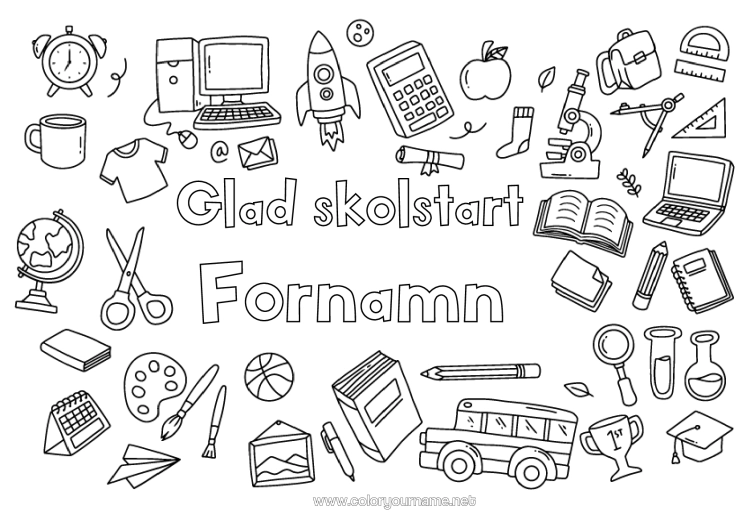 Färgläggningssida att skriva ut Buss, Bil Blyertspenna Kollektivtrafik På Land Skolväska Skolstart Skolmaterial Kalkylator Dekorativ Bakgrund