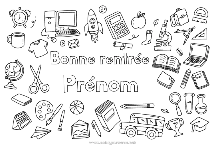 Coloriage à imprimer Bus, Car Crayon Transport En Commun Terrestres Cartable Rentrée Scolaire Fournitures Scolaires Calculatrice Fond Décoratif