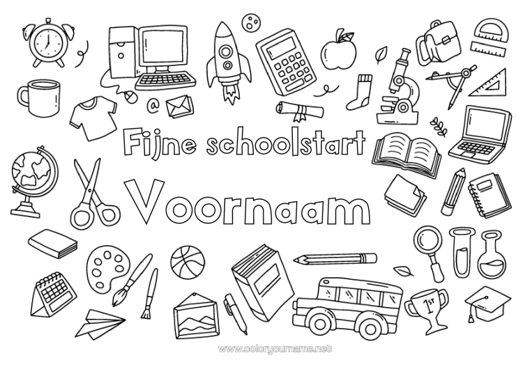 Kleurplaat om af te drukken Bus, Autocar Potlood Openbaar Vervoer Over Land Schooltas Terug Naar School Schoolbenodigdheden Rekenmachine Decoratieve Achtergrond