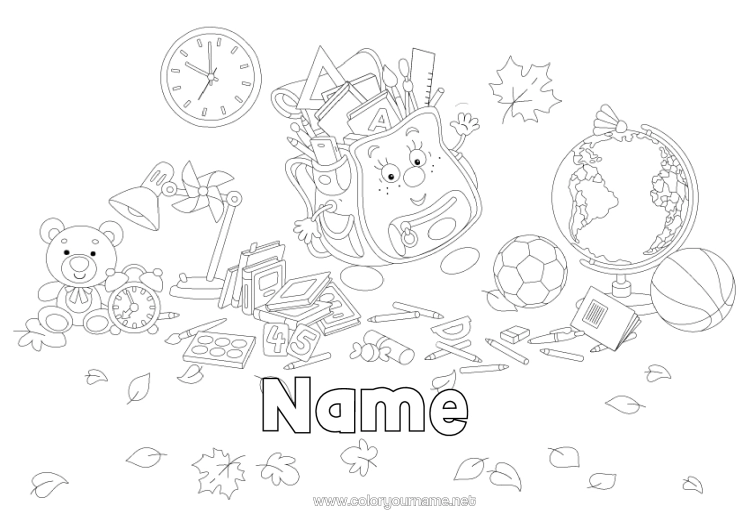 Colouring page to print School Bag Globe Back To School Stationery Supplies Square Dead Leaves