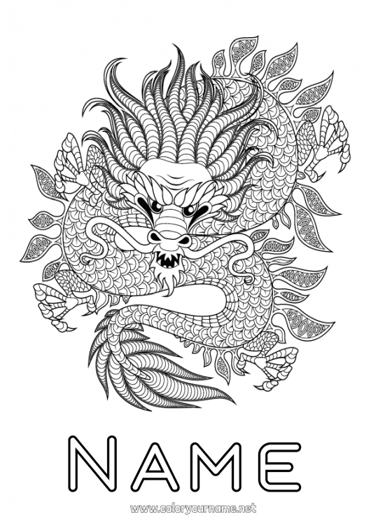 Coloring page to print Mandala Dragon Animal Chinese New Year Dragons, unicorns and fantastic animals