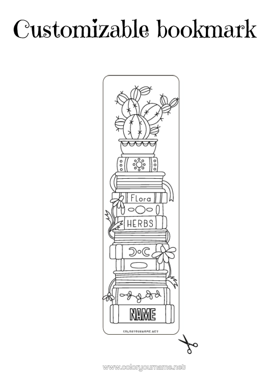 Coloring page to print Flowers Cactus Bookmark School Book Reading Green Plant