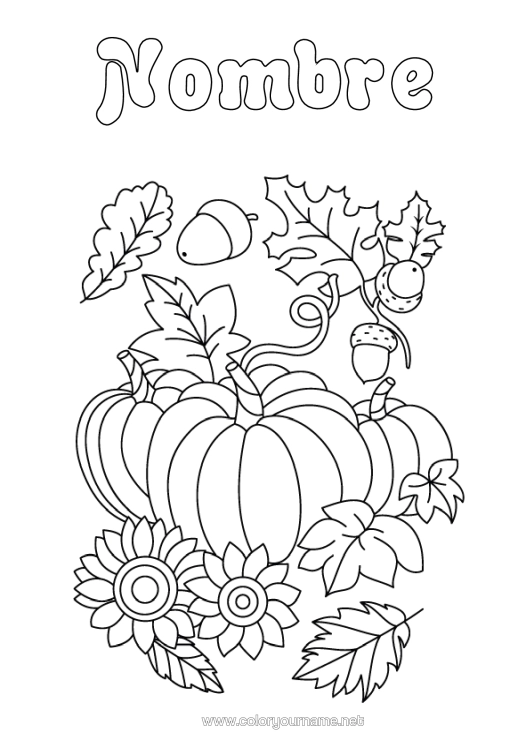 Dibujo para colorear para imprimir Calabaza Otoño Girasol Bellota Hojas Muertas