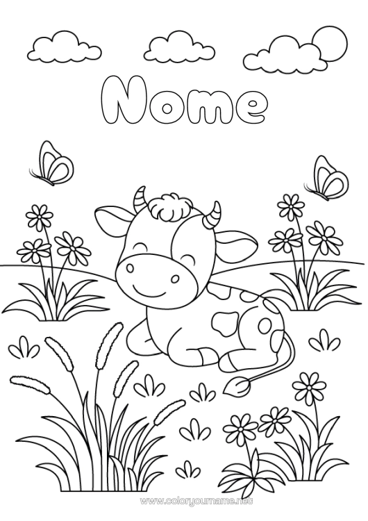 Página de desenho para imprimir Flores Borboleta Vaca Insetos Animais De Fazenda