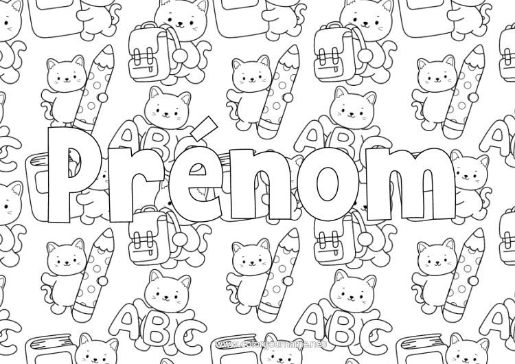 Coloriage à imprimer Chat Kawaii Chiens Et Chats Crayon Cartable Rentrée Scolaire Fournitures Scolaires Lettre De L'alphabet Fond Décoratif