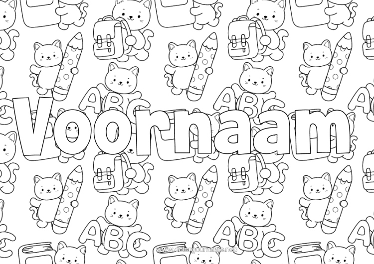 Kleurplaat om af te drukken Kat Kawaii Honden En Katten Potlood Schooltas Terug Naar School Schoolbenodigdheden Alfabetbrief Decoratieve Achtergrond