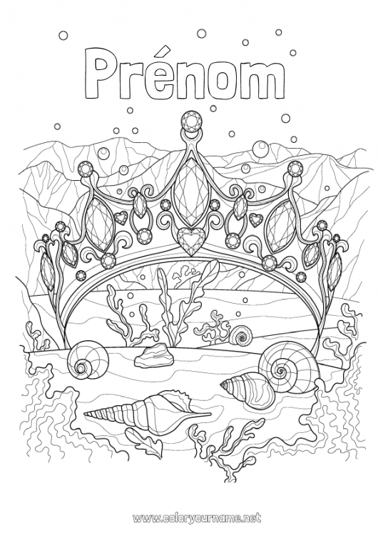 Coloriage à imprimer Princesse Mer Couronne Sirène Conte de fées Coquillages Animaux marins ou aquatique