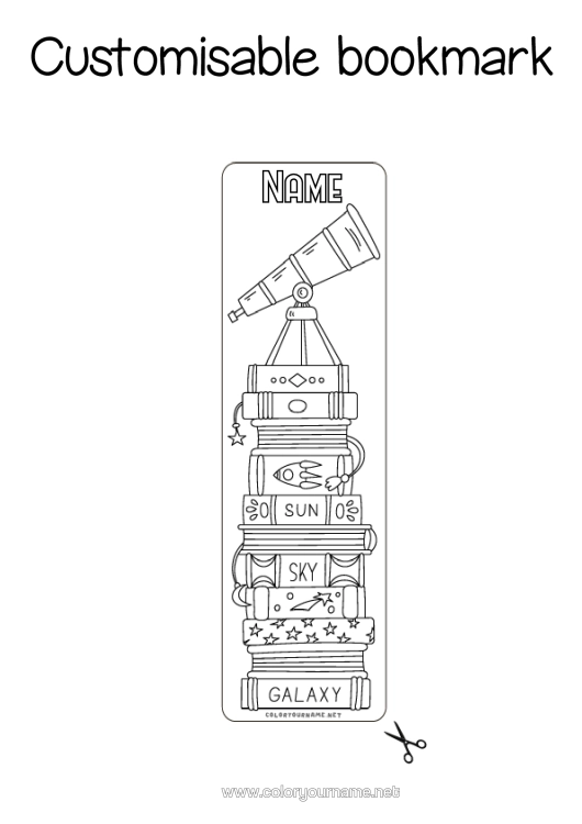 Colouring page to print Bookmark School Book Astronomy Reading Telescope