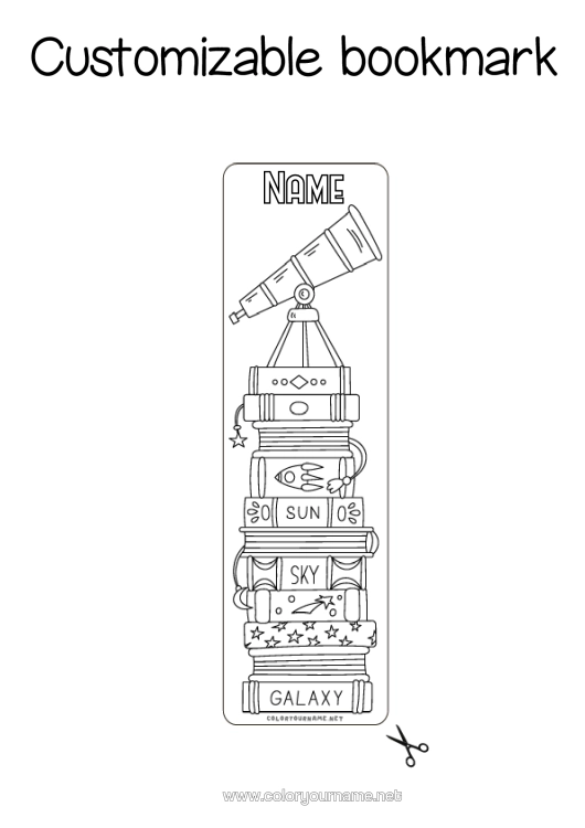 Coloring page to print Bookmark School Book Astronomy Reading Telescope