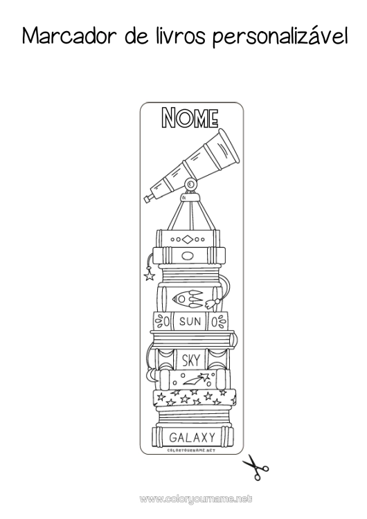 Página de desenho para imprimir Marcador De Página Escola Livro Astronomia Leitura Telescópio