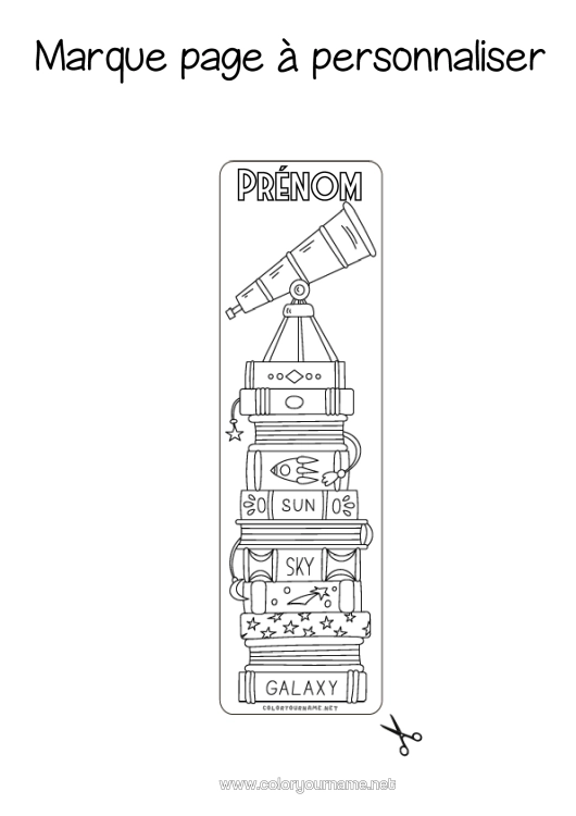 Coloriage à imprimer Marque Page École Livre Astronomie Lecture Téléscope