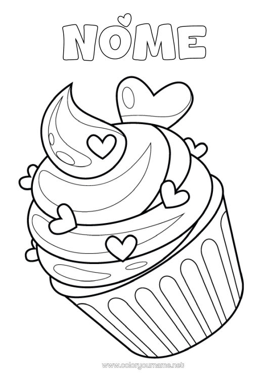 Página de desenho para imprimir Bolo Coração Guloseimas, Doces Cupcake