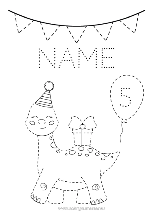 Colouring page to print Gifts Birthday Dinosaurs Children's Activities Animal Easy Colouring Pages Trace And Colour. Customisable Age Celebrated Party Hat