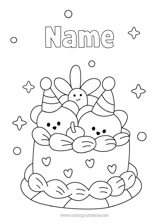 Coloring page to print Cake Birthday Kawaii Teddy Bear Forest Animals Birthday Cake Party Hat