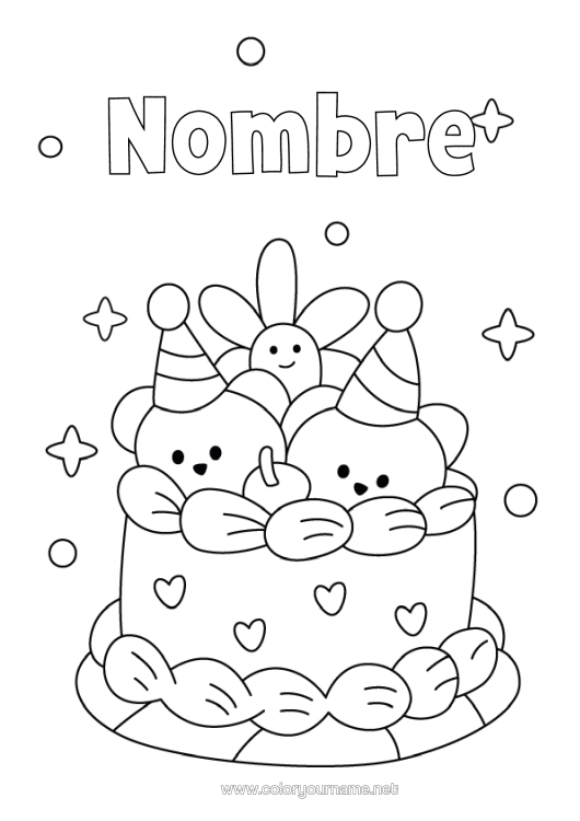 Dibujo para colorear para imprimir Tarta Cumpleaños Kawaii Osito Animales Del Bosque Pastel De Cumpleaños Gorrito De Fiesta