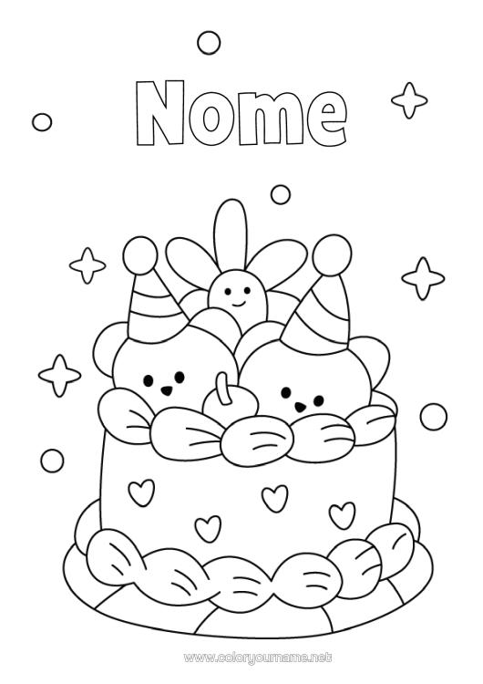 Pagina da colorare da stampare Torta Compleanno Kawaii Orsetto Animali Della Foresta Torta Di Compleanno Cappellino Da Festa