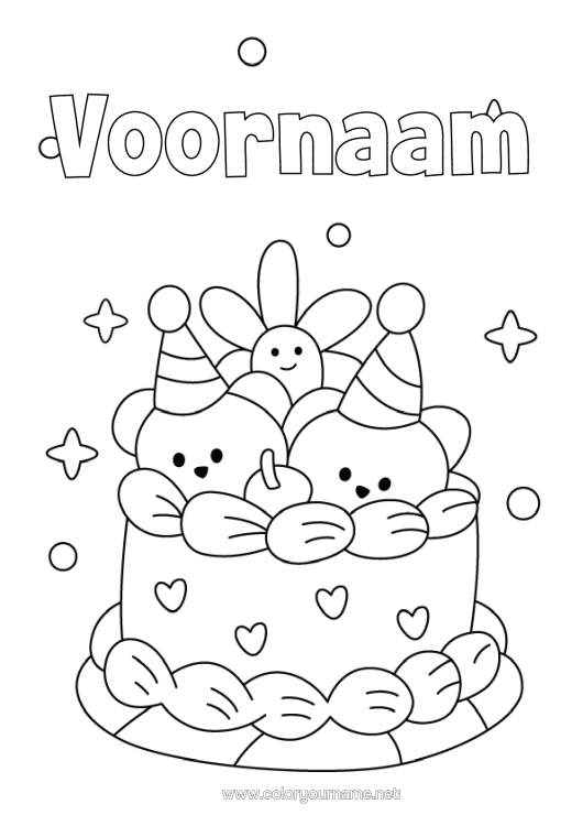 Kleurplaat om af te drukken Taart Verjaardag Kawaii Knuffelbeer Bosdieren Verjaardagstaart Feesthoed