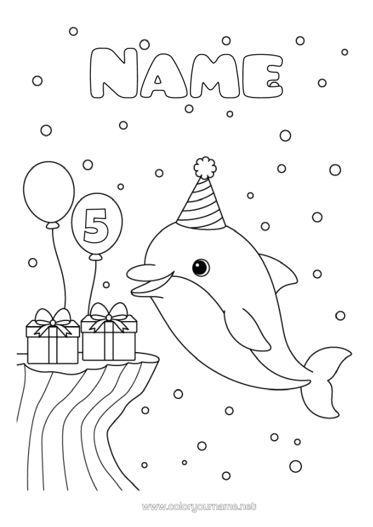 Colouring page to print Gifts Birthday Animal Dolphin Customisable Age Celebrated Marine Or Aquatic Animals Party Hat