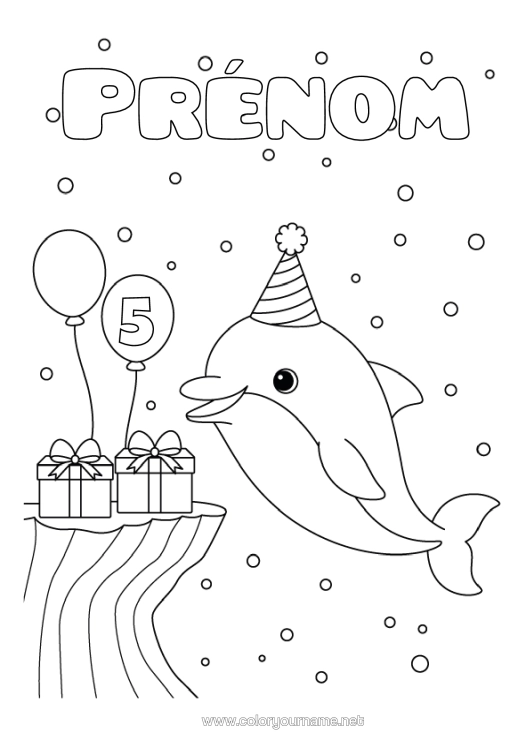 Coloriage à imprimer Cadeaux Anniversaire Animal Dauphin Age Fêté Personnalisable Animaux Marins Ou Aquatique Chapeau De Fête