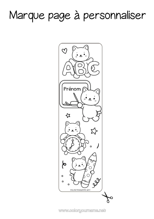 Coloriage à imprimer Chat Kawaii Animal Marque Page École Chiens Et Chats Crayon Rentrée Scolaire Tableau De Classe Fournitures Scolaires Réveil Lettre De L'alphabet