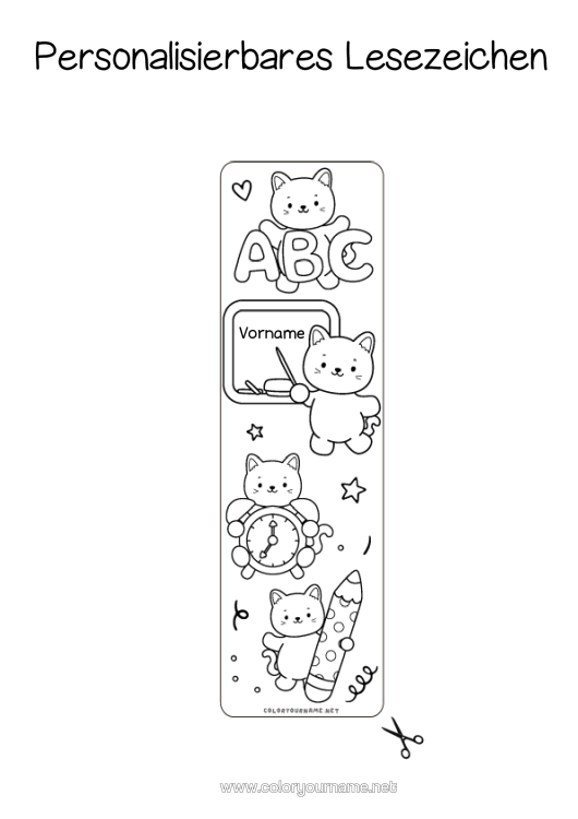 Malvorlage zum Ausdrucken Katze Kawaii Tier Lesezeichen Schule Hunde Und Katzen Bleistift Schulbeginn Klassentafel Schulbedarf Wecker Buchstaben Des Alphabets