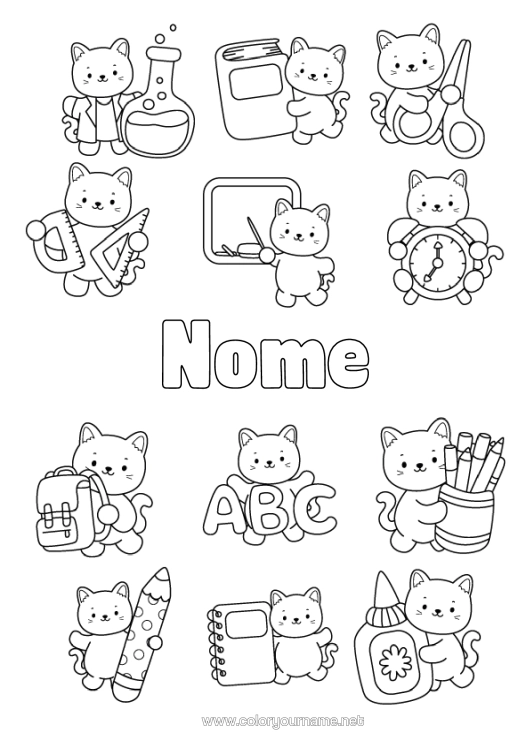 Página de desenho para imprimir Gato Kawaii Animal Escola Cães E Gatos Lápis Mochila Quadro-Negro Materiais Escolares Despertador Transferidor Tesouras Pote De Lápis