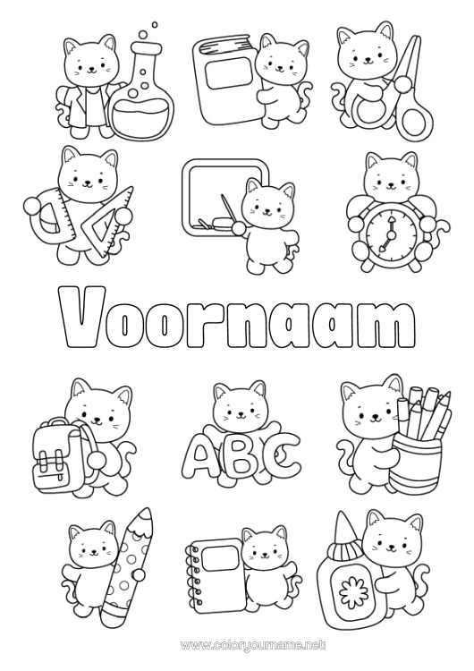 Kleurplaat om af te drukken Kat Kawaii Dier School Honden En Katten Potlood Schooltas Schoolbord Schoolbenodigdheden Wekker Winkelhaak Schaar Potloodhouder