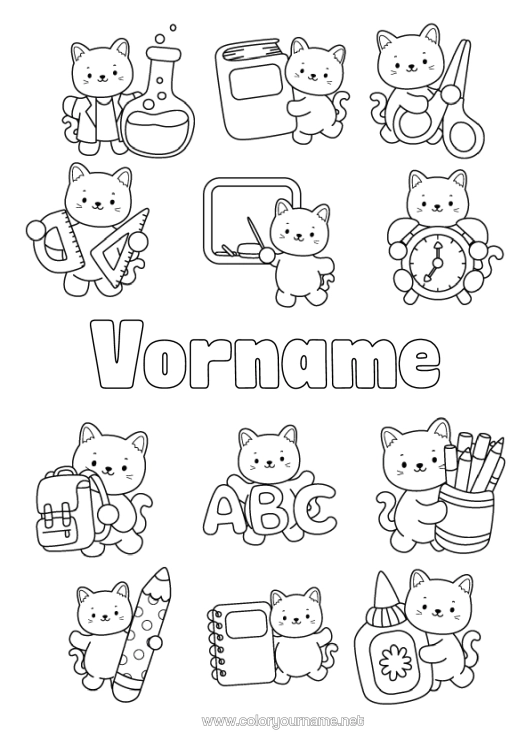 Malvorlage zum Ausdrucken Katze Kawaii Tier Schule Hunde Und Katzen Bleistift Schultasche Klassentafel Schulbedarf Wecker Winkelmesser Schere Stiftehalter