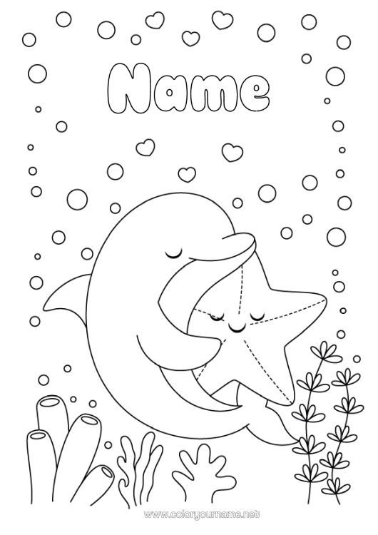 Coloring page to print Heart Kawaii Animal Dolphin Starfish Marine Or Aquatic Animals