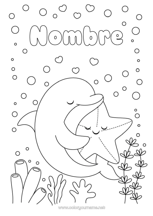 Dibujo para colorear para imprimir Corazón Kawaii Animales Delfín Estrella De Mar Animales Marinos O Acuáticos