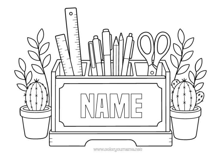 Colouring page to print Cactus Pencil Stationery Supplies Green Plant Scissors Pencil Pot