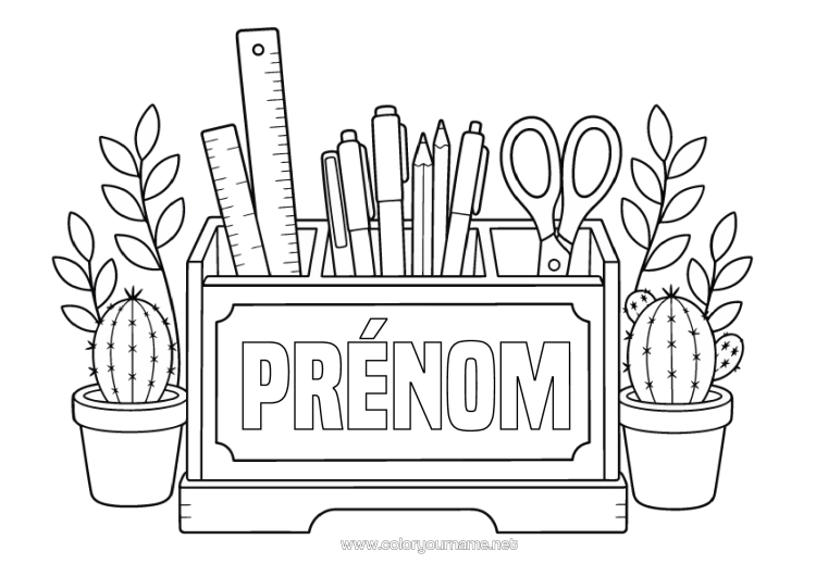 Coloriage à imprimer Cactus Crayon Fournitures Scolaires Plante Verte Ciseaux Pot De Crayons