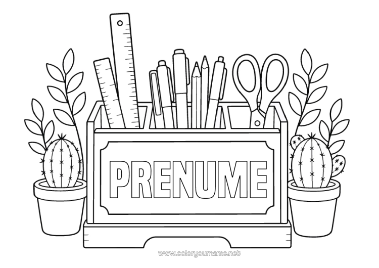 Pagină de colorat de imprimat Cactus Creion Materiale Școlare Planta Verde Foarfecă Borcan Cu Creioane