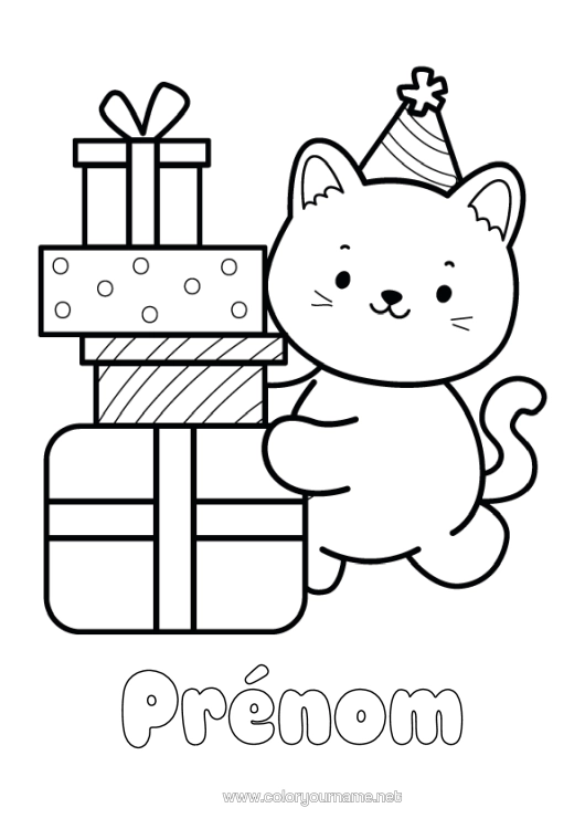 Coloriage à imprimer Chat Cadeaux Kawaii Animal Chiens Et Chats Chapeau De Fête