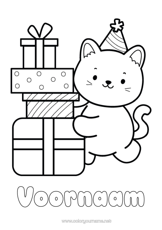 Kleurplaat om af te drukken Kat Cadeaus Kawaii Dier Honden En Katten Feesthoed