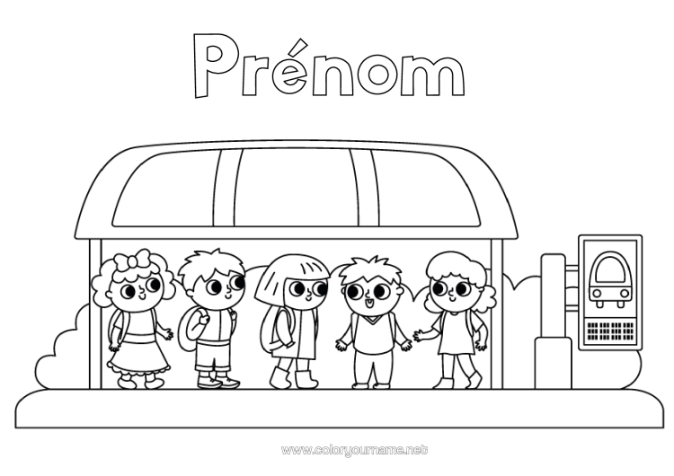 Coloriage à imprimer Véhicules Enfant Bus, Car Transport En Commun Terrestres Élève Arrêt De Bus