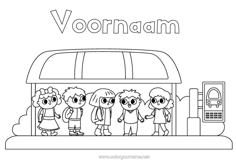Kleurplaat om af te drukken Voertuigen Kind Bus, Autocar Openbaar Vervoer Over Land Leerling Bushalte