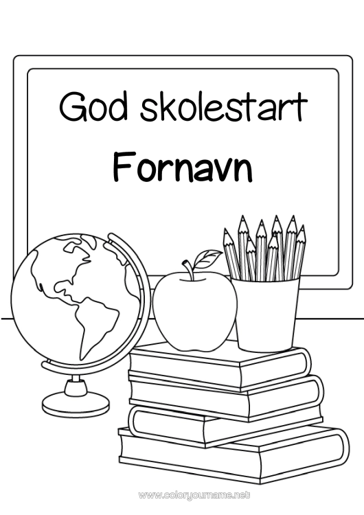 Fargeleggingssiden til utskrift Skole Frukter Bok Eple Lesing Skolestart Klasseværelse Tavle Blyantbeholder