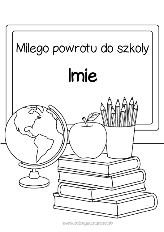 Kolorowanka do wydruku Szkoła Owoce Książka Jabłko Czytanie Powrót Do Szkoły Tablica Klasowa Słoik Z Kredkami