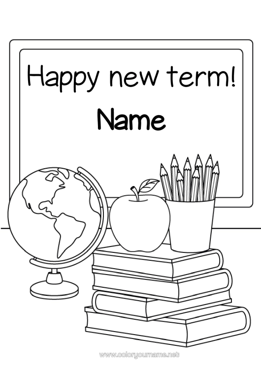 Colouring page to print School Fruit Book Apple Reading Back To School Classroom Board Pencil Pot