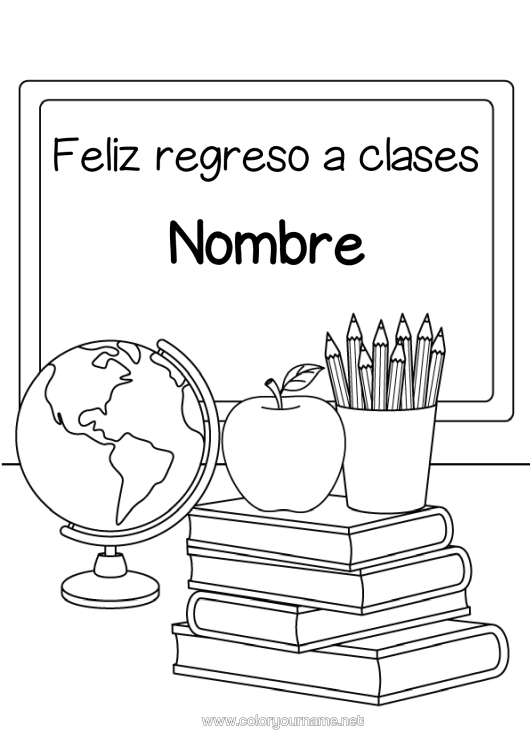 Dibujo para colorear para imprimir Escuela Frutas Libro Manzana Lectura Regreso A Clases Pizarra De Clase Tarro De Lápices