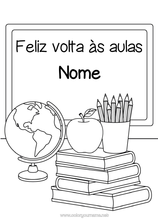 Página de desenho para imprimir Escola Frutas Livro Maçã Leitura Volta Às Aulas Quadro-Negro Pote De Lápis