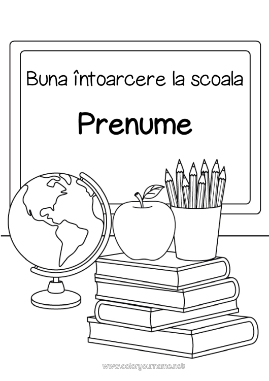 Pagină de colorat de imprimat Școală Fructe Carte Măr Lectură Întoarcerea La Școală Tablă De Clasă Borcan Cu Creioane