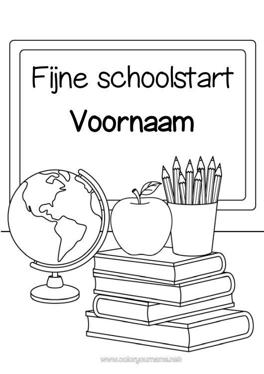 Kleurplaat om af te drukken School Fruit Boek Appel Lezen Terug Naar School Schoolbord Potloodhouder